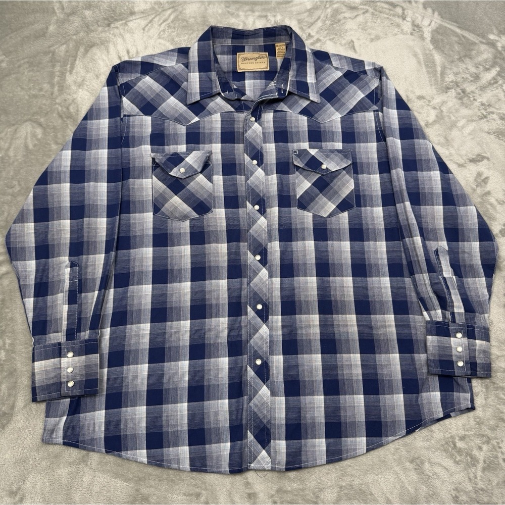 Wrangler Pearl Snap Shirt Mens 2XL XXL Blue Plaid Long Sleeve Western Cowboy Y2K